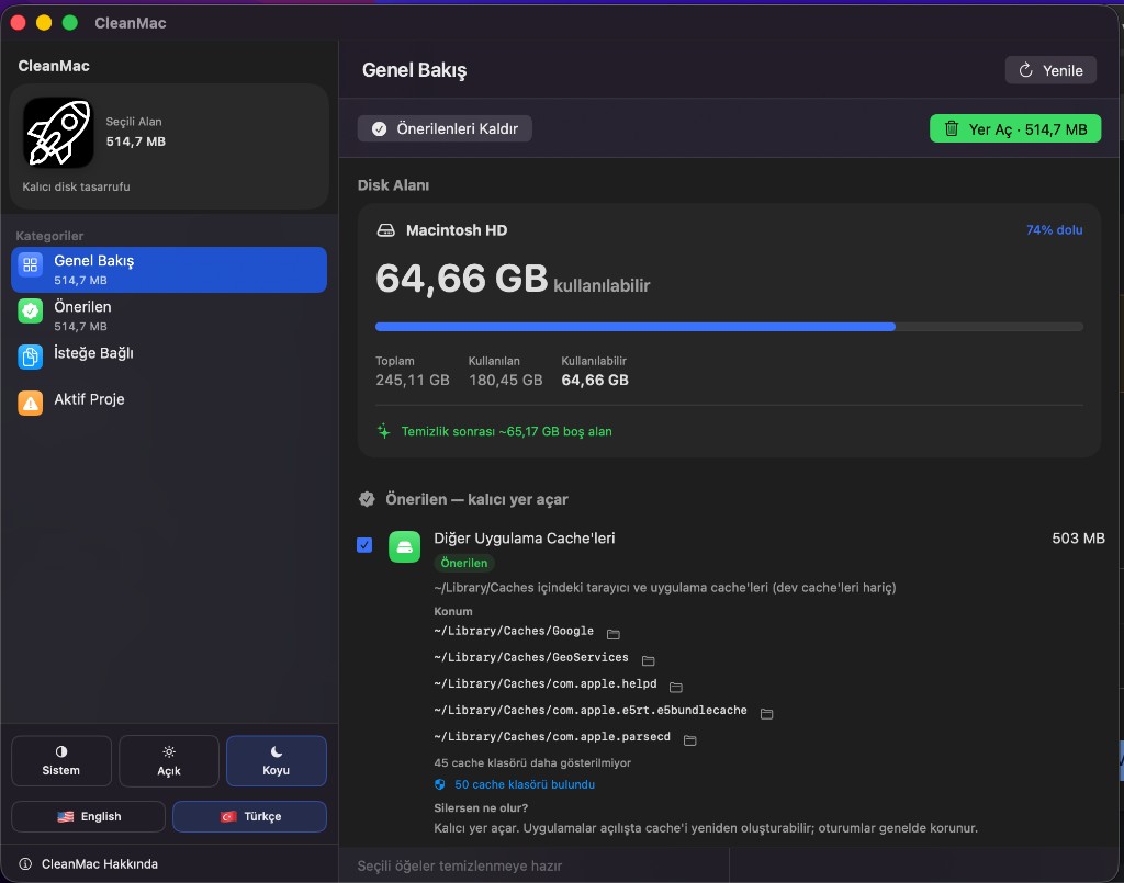 CleanMac uygulama arayüzü